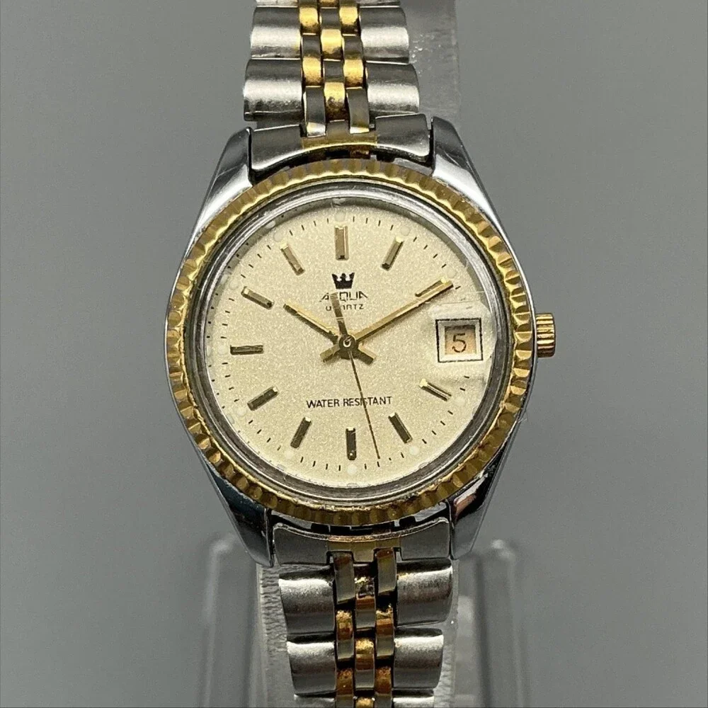 Vintage Timex Aqua Womens Watch 25mm Two Tone Date Fluted New Battery 6.75